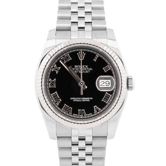 2019 PAPERS Rolex DateJust 36mm BLACK ROMAN 18K Gold Steel JUBILEE 116234 BOX