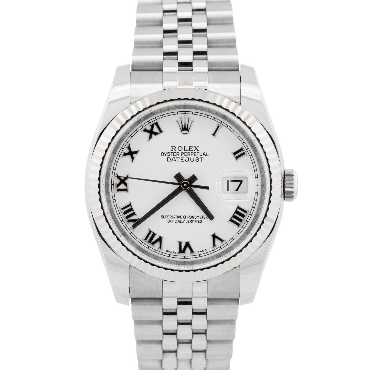 UNPOLISHED PAPERS Rolex DateJust 36mm WHITE ROMAN Steel JUBILEE 18K 116234 BOX