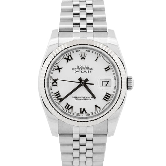 UNPOLISHED PAPERS Rolex DateJust 36mm WHITE ROMAN Steel JUBILEE 18K 116234 BOX