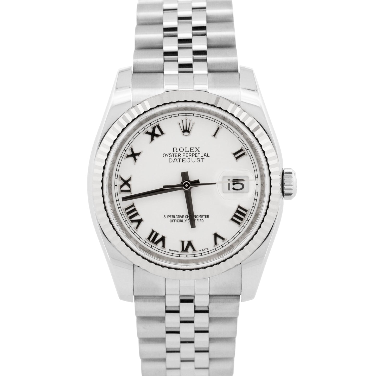 Rolex DateJust 116234 White Roman 18K Gold Steel Fluted Super Jubilee 36mm Watch