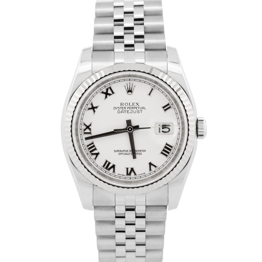 Rolex DateJust 116234 White Roman 18K Gold Steel Fluted Super Jubilee 36mm Watch