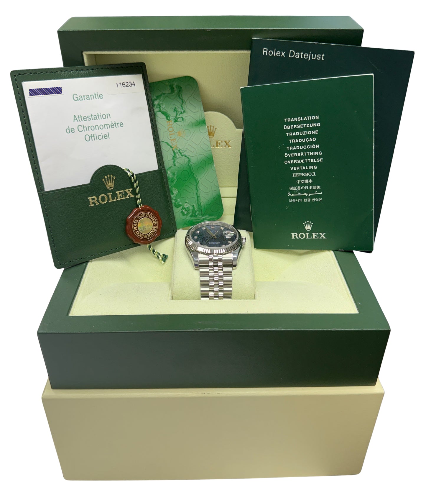 2011 Rolex DateJust 116234 Blue Jubilee Diamond 18K Steel 18K 36mm Box Papers