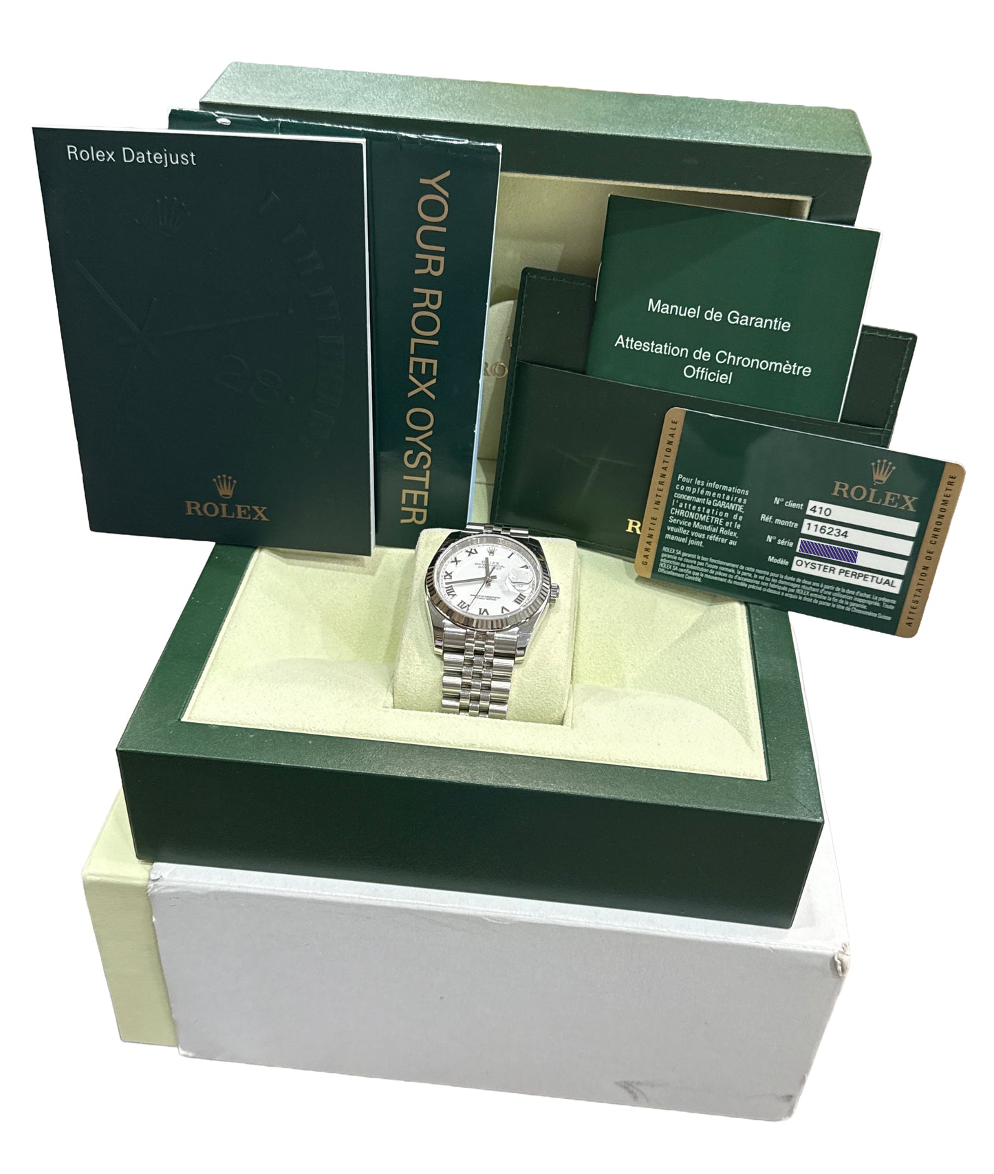 UNPOLISHED PAPERS Rolex DateJust 36mm WHITE ROMAN Steel JUBILEE 18K 116234 BOX