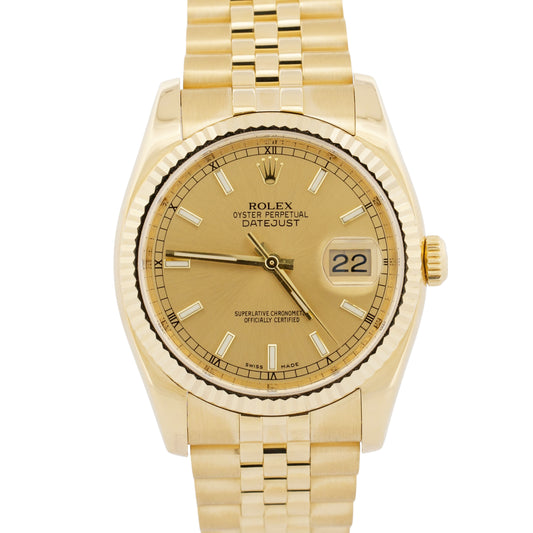 2008 PAPERS Rolex DateJust 36mm CHAMPAGNE 18K Gold Jubilee REHAUT 116238 BOX