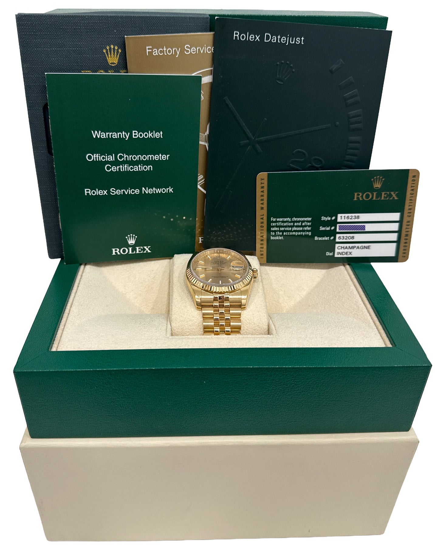 2008 PAPERS Rolex DateJust 36mm CHAMPAGNE 18K Gold Jubilee REHAUT 116238 BOX