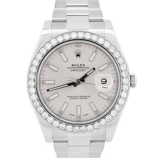 Rolex DateJust II 41mm SILVER Stainless Steel DIAMOND BEZEL Oyster 116300 BOX