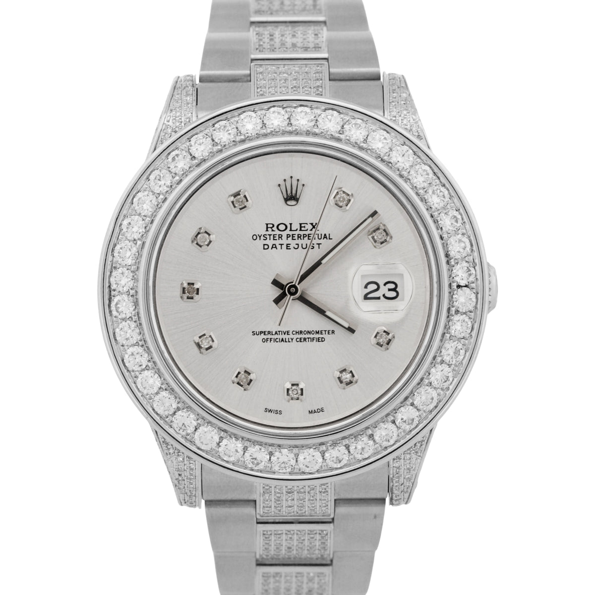 Rolex DateJust II 41mm 116300 Silver Pave Diamond Stainless Steel Oyster Watch