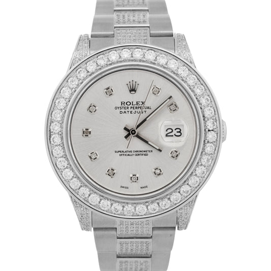 Rolex DateJust II 41mm 116300 Silver Pave Diamond Stainless Steel Oyster Watch