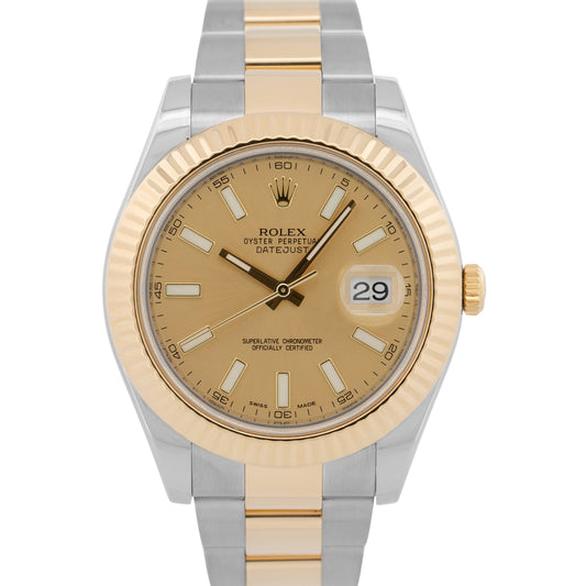 2010 Rolex Datejust II 116333 Champagne 18K Gold Steel Oyster 41mm Box Papers
