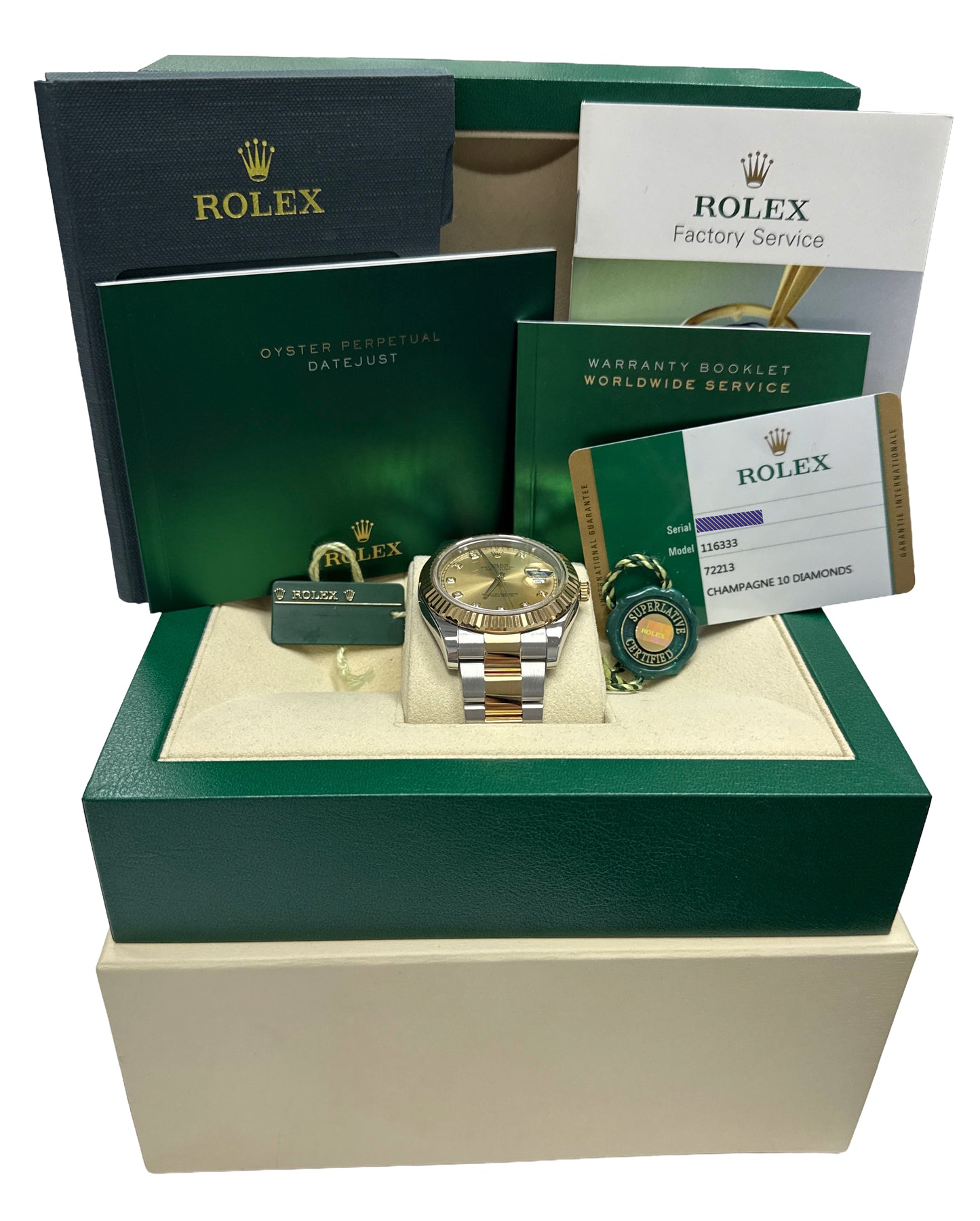 2015 PAPERS Rolex Datejust II CHAMPAGNE DIAMOND Steel 18K OYSTER 41mm 116333 BOX