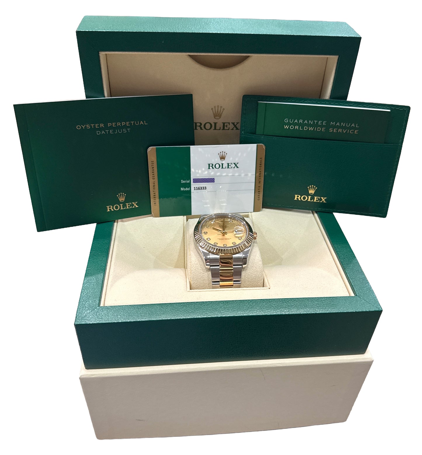 2018 PAPERS Rolex Datejust II CHAMPAGNE DIAMOND 18K Gold Steel 41mm 116333 BOX