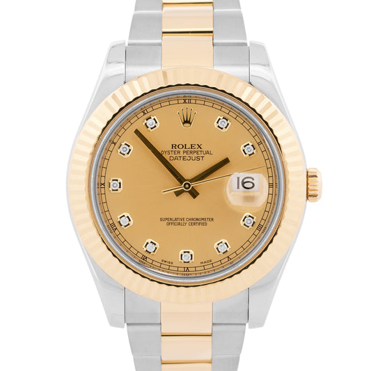 2018 PAPERS Rolex Datejust II CHAMPAGNE DIAMOND 18K Gold Steel 41mm 116333 BOX