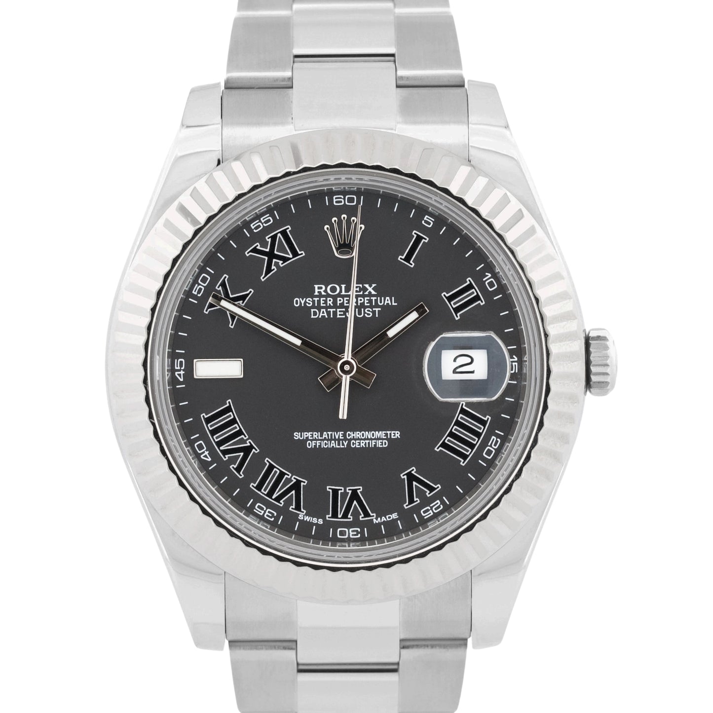 2015 Rolex DateJust II 116334 Matte Black Roman Steel 18K Fluted 41mm Box Papers