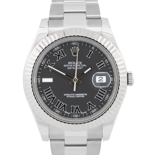 2015 Rolex DateJust II 116334 Matte Black Roman Steel 18K Fluted 41mm Box Papers