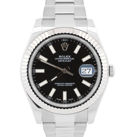 Rolex DateJust II BLACK Stainless Steel 18K Fluted OYSTER 41mm Watch 116334 BOX
