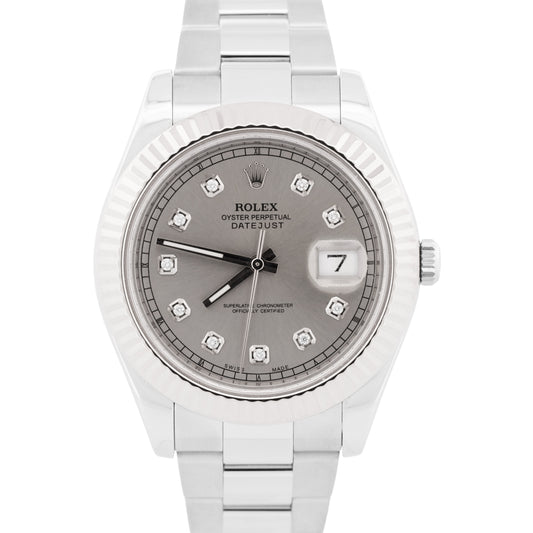 Rolex DateJust II SILVER DIAMOND Stainless Steel 41mm 116334 18K Fluted OYSTER