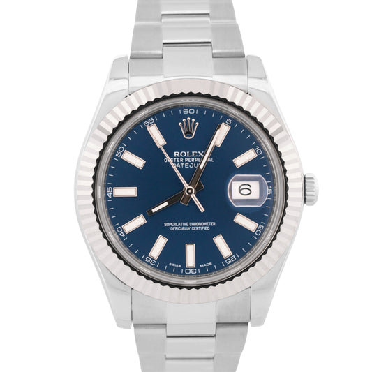 MINT Rolex DateJust II BLUE Stainless Steel 18K Fluted Oyster 41mm Watch 116334