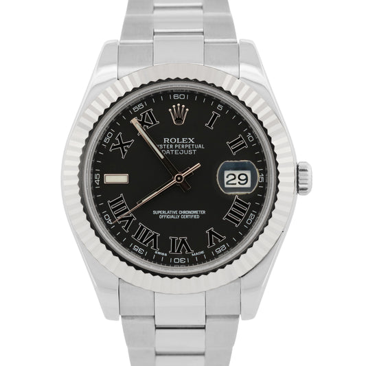 Rolex DateJust II BLACK ROMAN Stainless Steel Oyster 18K Gold 41mm Watch 116334
