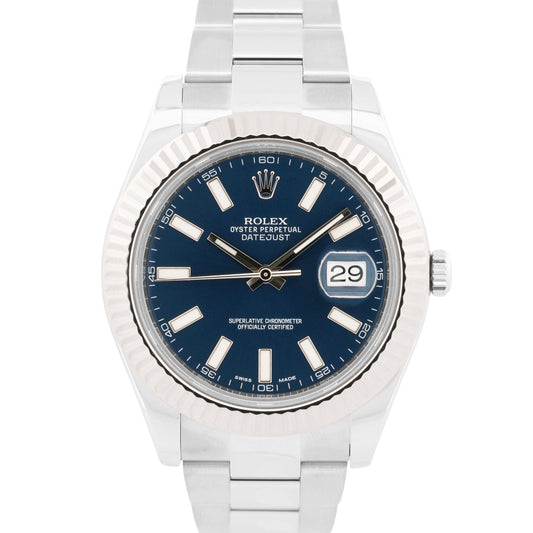 2013 PAPERS Rolex DateJust II BLUE 41mm Fluted 18K Gold Steel OYSTER 116334 BOX