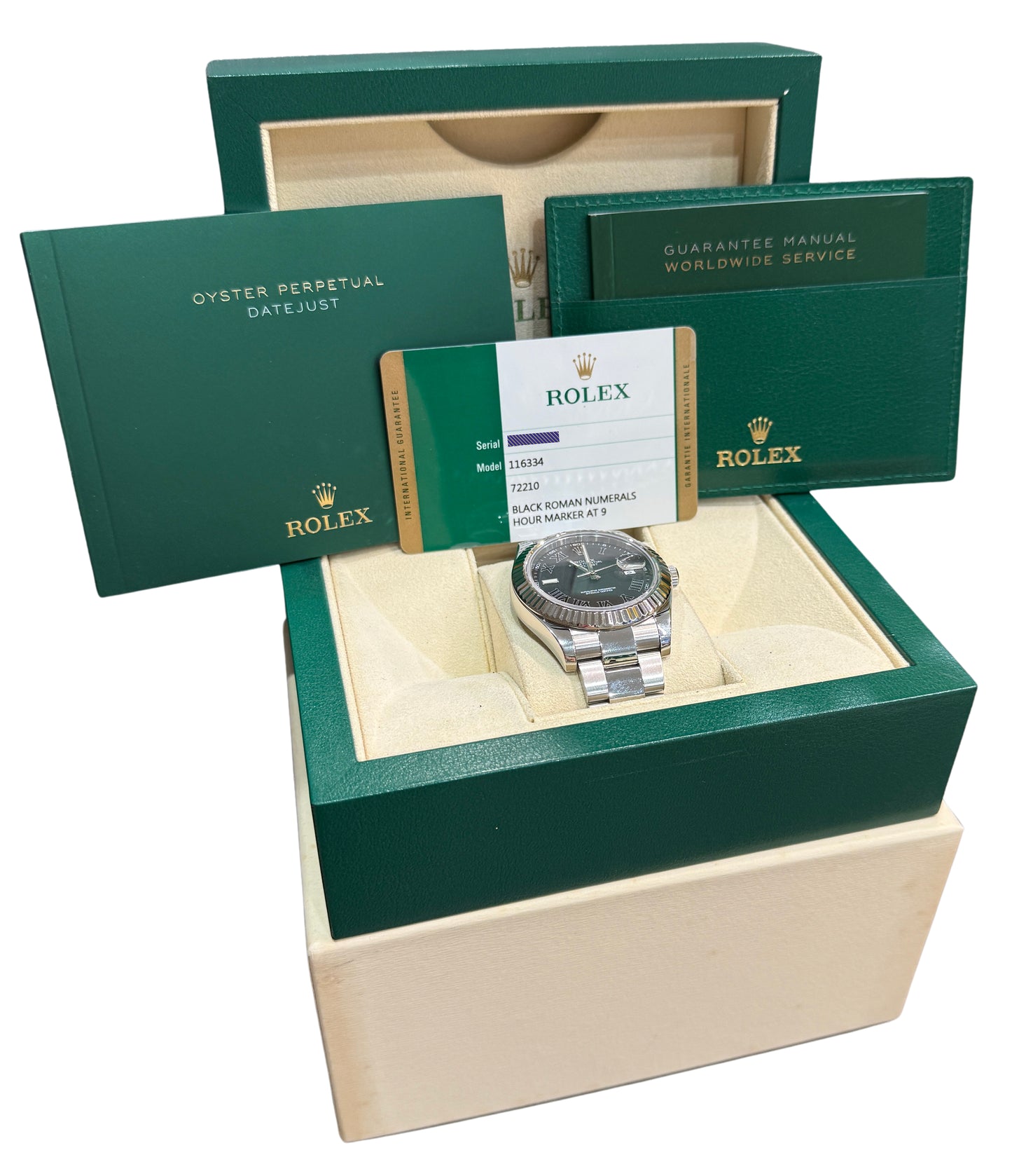 2015 Rolex DateJust II 116334 Matte Black Roman Steel 18K Fluted 41mm Box Papers