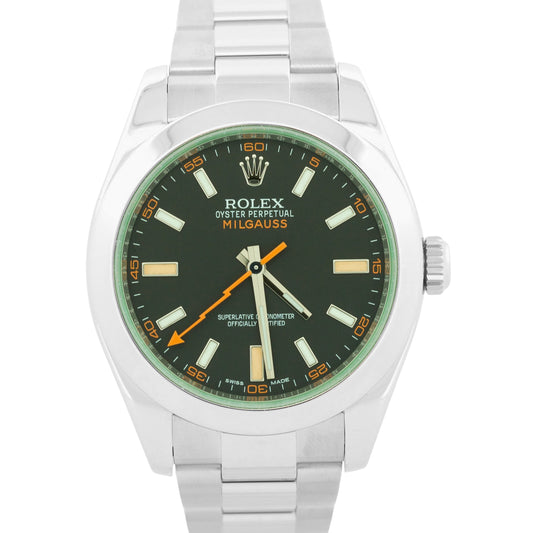 Rolex Milgauss BLACK Orange Steel Green Crystal 40mm Smooth Oyster 116400 GV