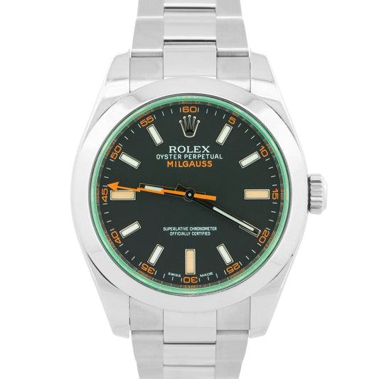 Rolex Milgauss BLACK Orange Stainless Steel 40mm Smooth Green 116400 GV Watch