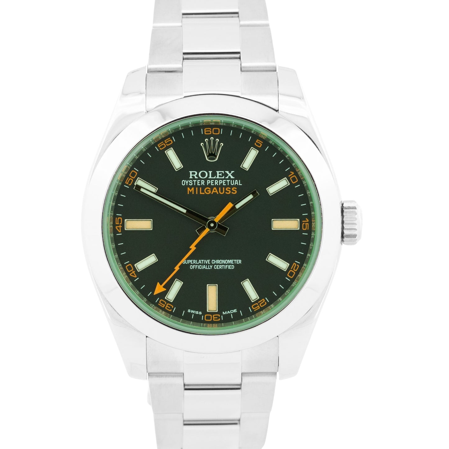 Rolex Milgauss BLACK Orange Steel Green Crystal 40mm Smooth Oyster 116400 GV