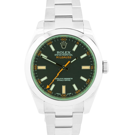 Rolex Milgauss BLACK Orange Steel Green Crystal 40mm Smooth Oyster 116400 GV