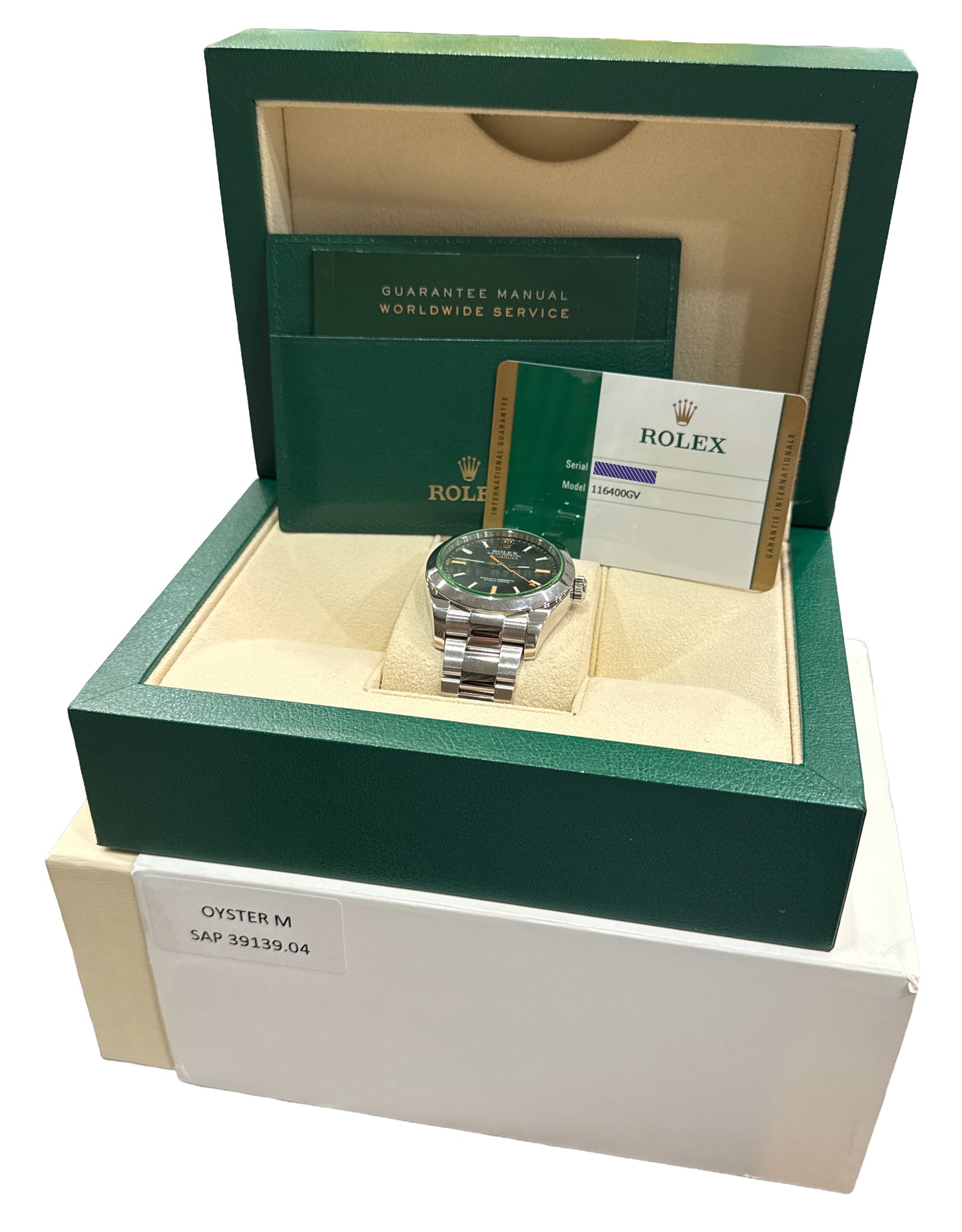 2016 PAPERS Rolex Milgauss BLACK Green 40mm Stainless Steel Oyster 116400 GV BOX