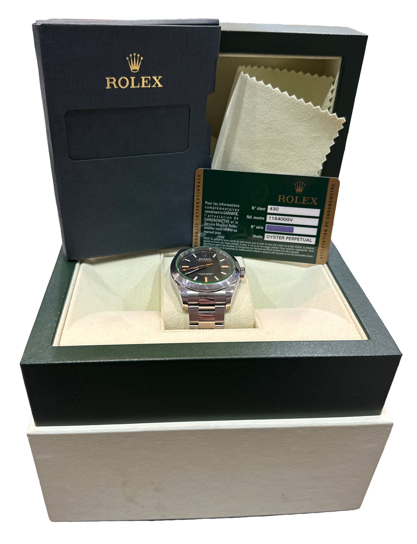 PAPERS Rolex Milgauss Green BLACK 40mm 116400 GV Stainless Steel Watch BOX