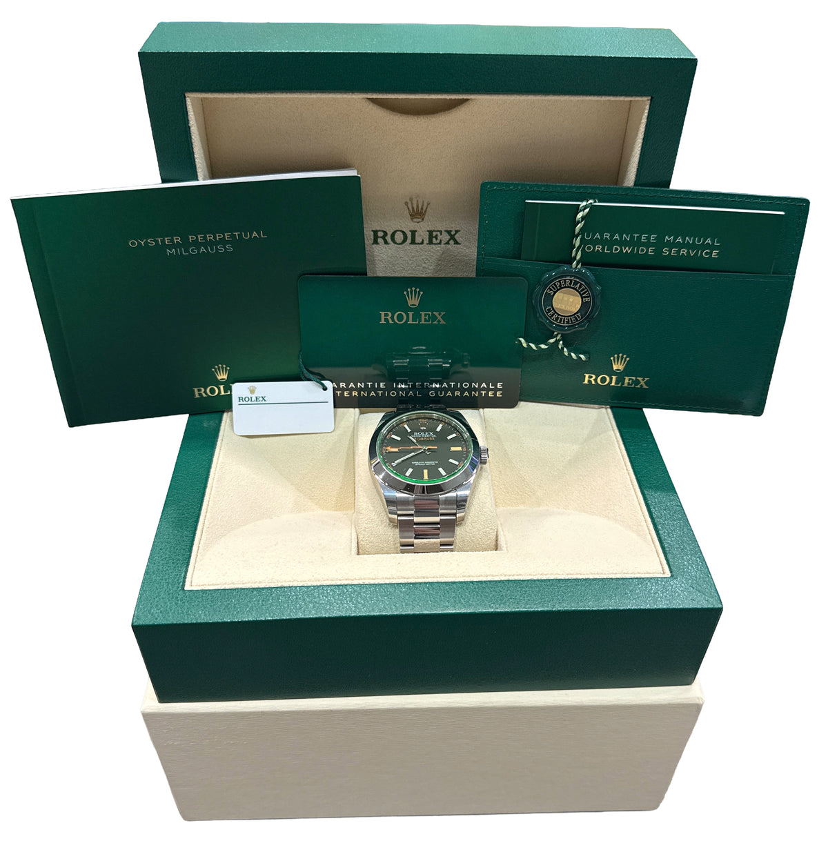 New Stickered 2021 Rolex Milgauss 116400 GV Black Green 40mm Steel Box Papers
