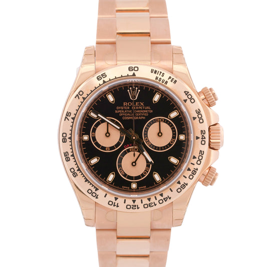NOS STICKERED PAPERS Rolex Daytona BLACK Sundust 40mm 18K Rose Gold 116505 BOX