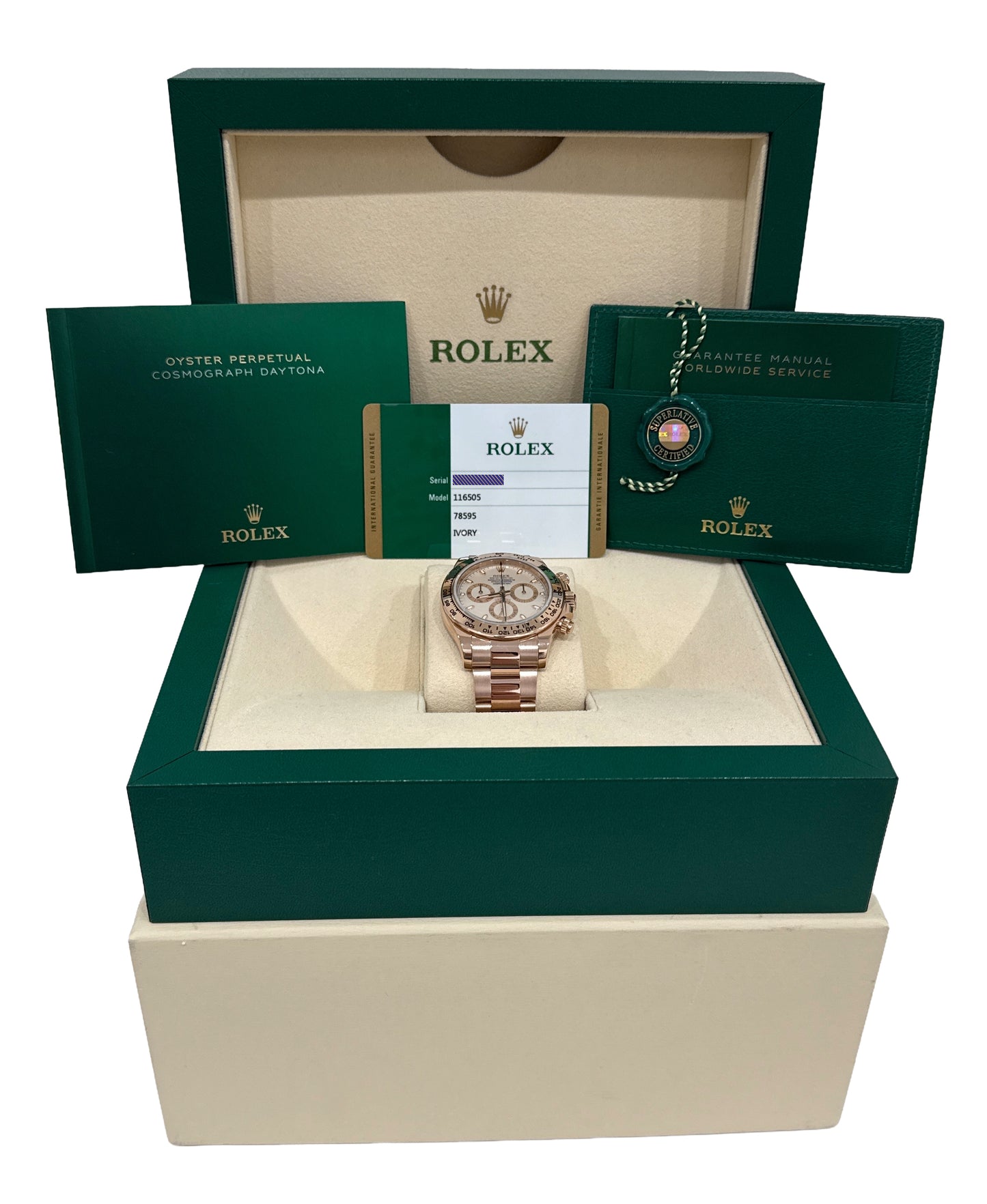 PAPERS Rolex Daytona Cosmograph IVORY 40mm 18K Rose Gold 116505 Watch BOX