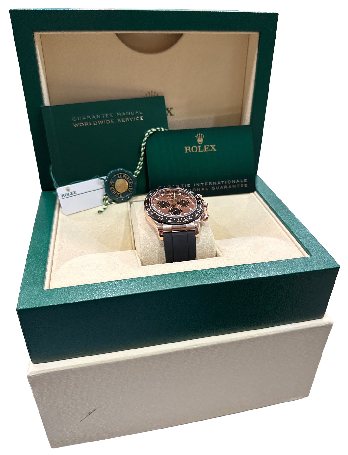 2023 PAPERS Rolex Daytona CHOCOLATE Brown 18K Rose Gold OYSTERFLEX 116515 LN BOX