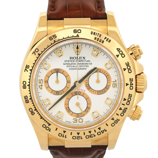 Rolex Daytona Cosmograph FACTORY WHITE DIAMOND 18K Yellow Gold REHAUT 116518 BOX