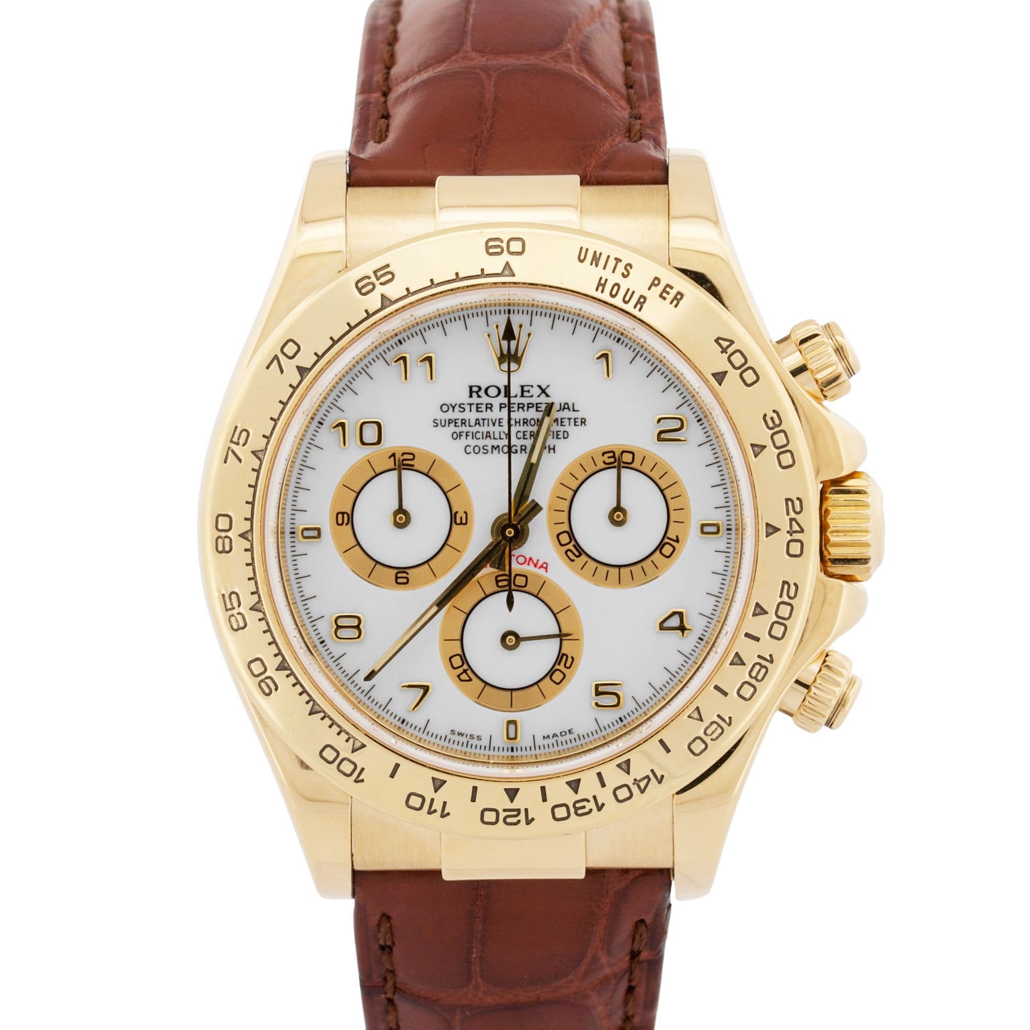 Rolex Daytona Cosmograph WHITE ARABIC 18K Yellow Gold Brown Leather 116518