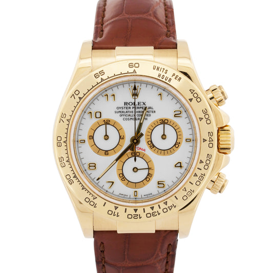 Rolex Daytona Cosmograph WHITE ARABIC 18K Yellow Gold Brown Leather 116518