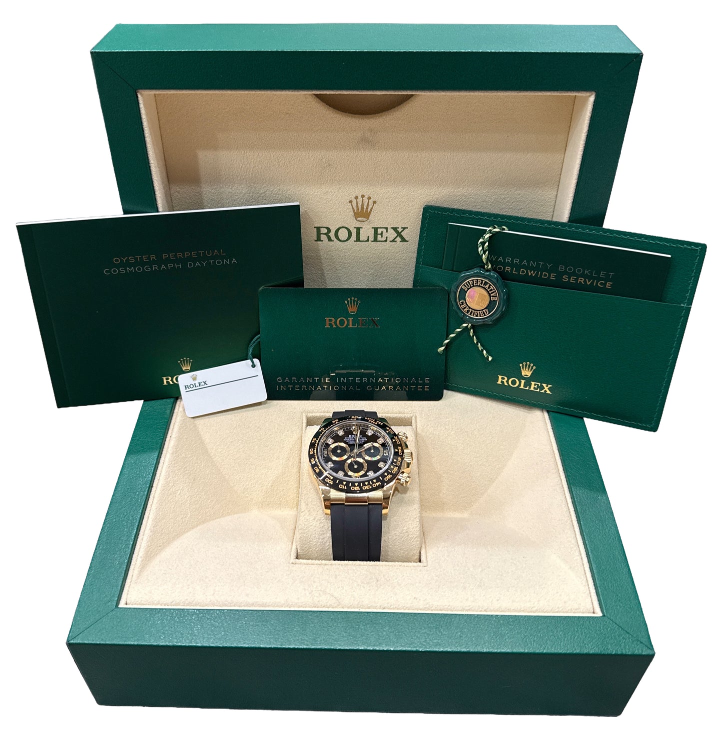 2021 PAPERS Rolex Daytona BLACK DIAMOND 18K Gold Rubber Oysterflex 116518 LN BOX