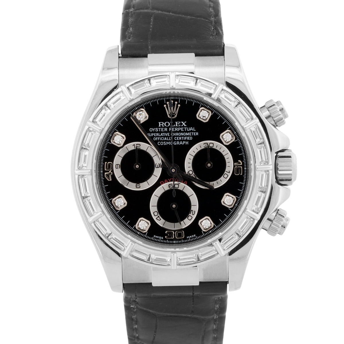 Rolex Daytona Cosmograph 116519 Black Diamond Baguette 18K Gold Leather 40mm
