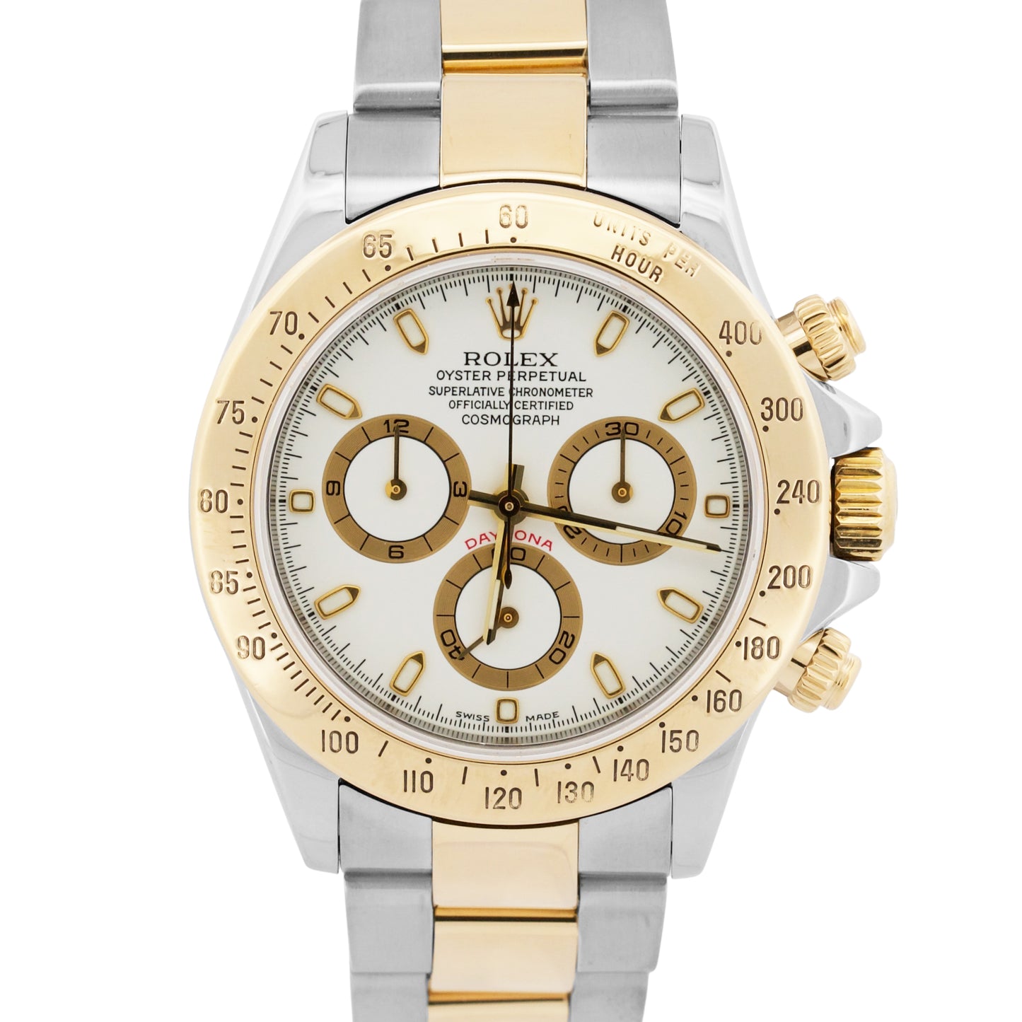 Rolex Daytona Cosmograph WHITE 18K Yellow Gold Two-Tone Steel Watch 116523