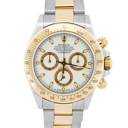 Rolex Daytona Cosmograph WHITE 18K Yellow Gold Two-Tone Steel Watch 116523