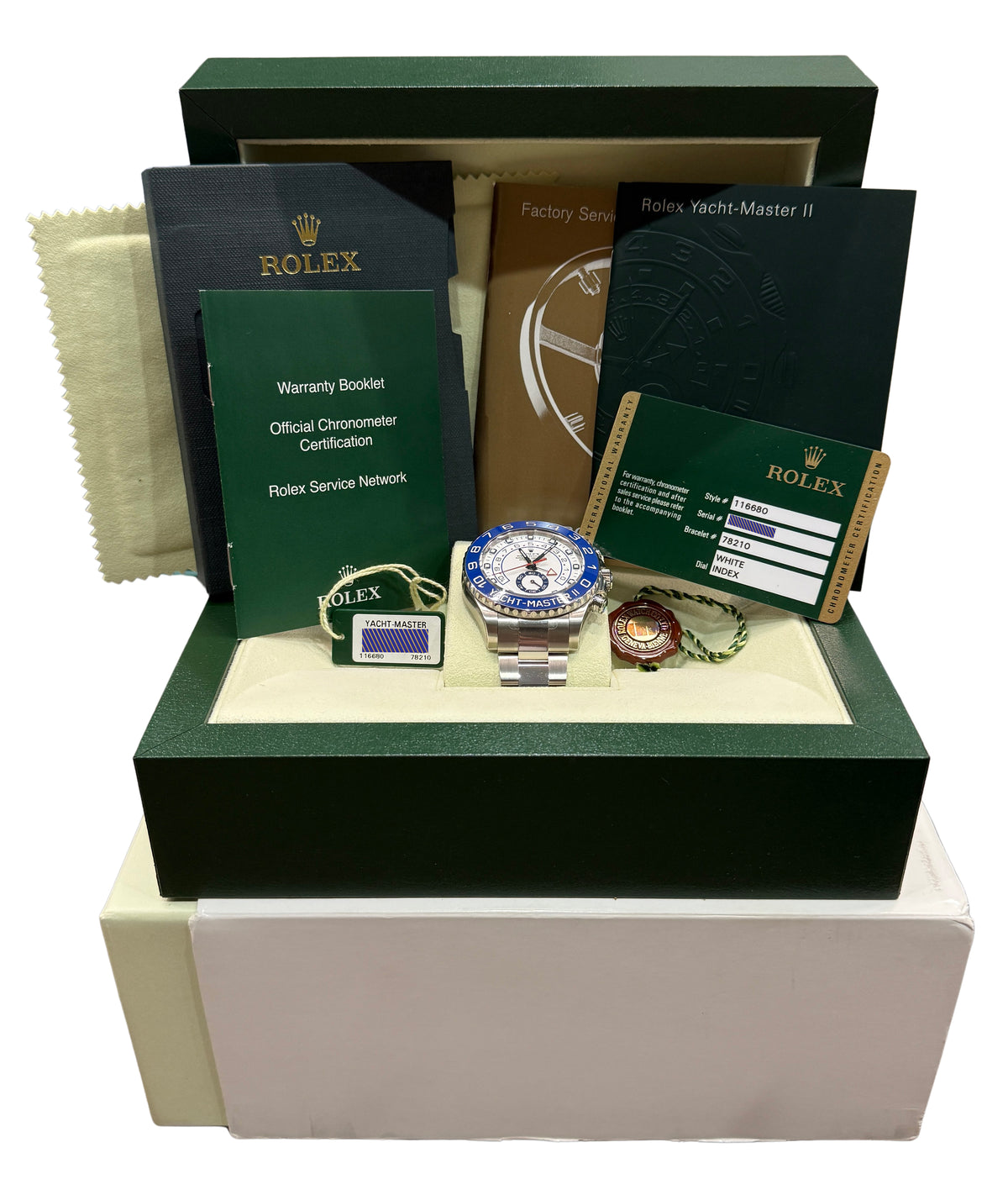 NOS Stickered Rolex Yacht-Master II 116680 White Steel 44mm Watch Box Papers