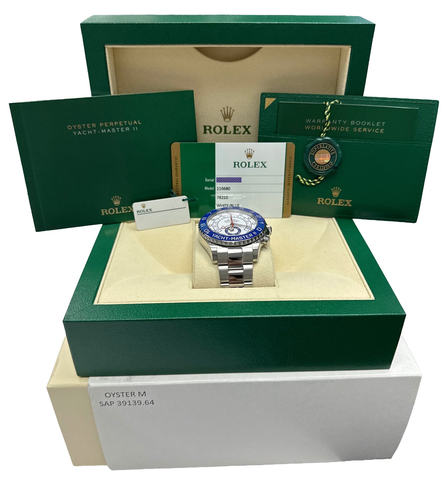 2018 PAPERS Rolex Yacht-Master II 44mm White Blue NEW HANDS 116680 Watch BOX