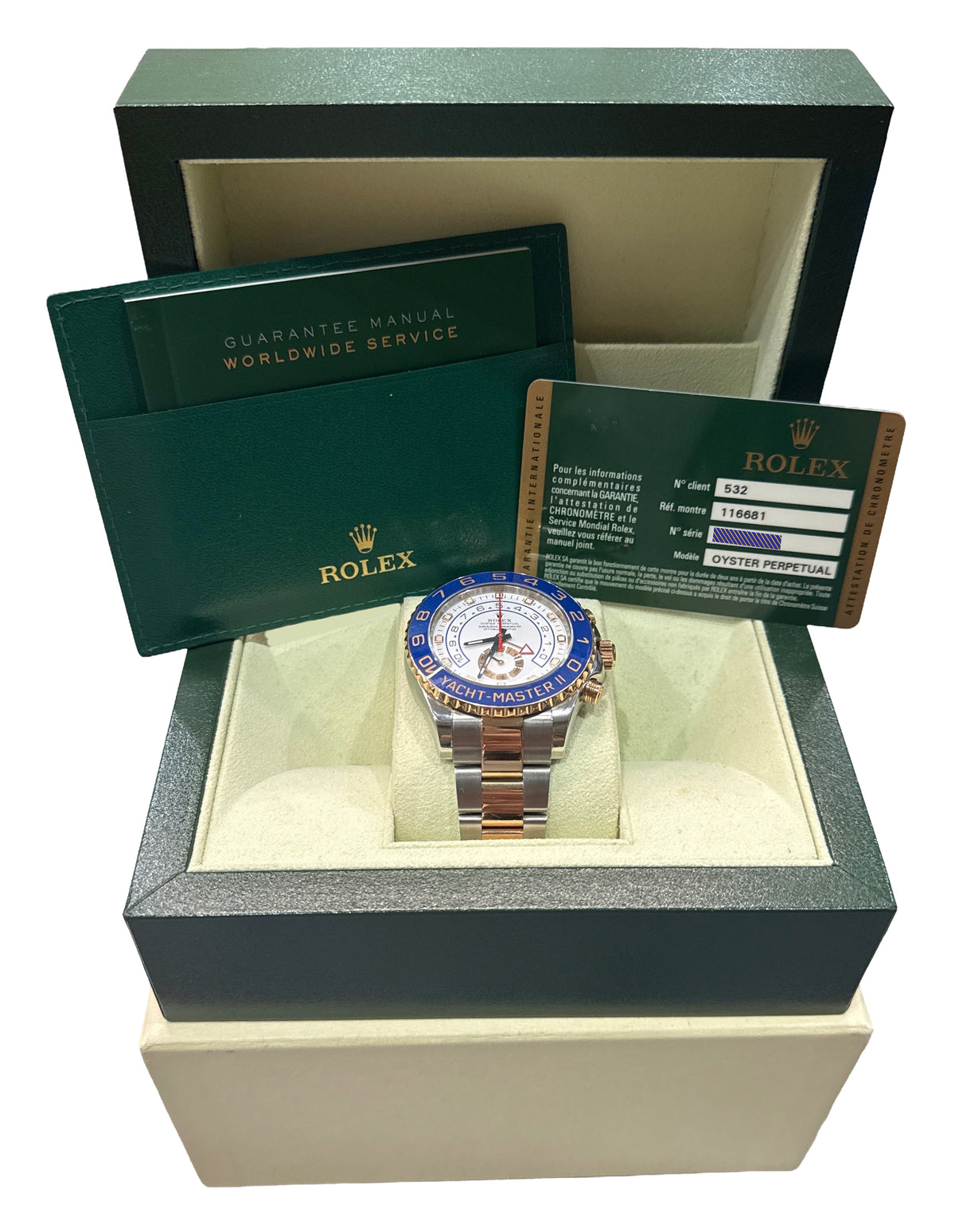 Rolex Yacht-Master II 116681 White Blue Steel 18K Rose Gold 44mm Box Papers