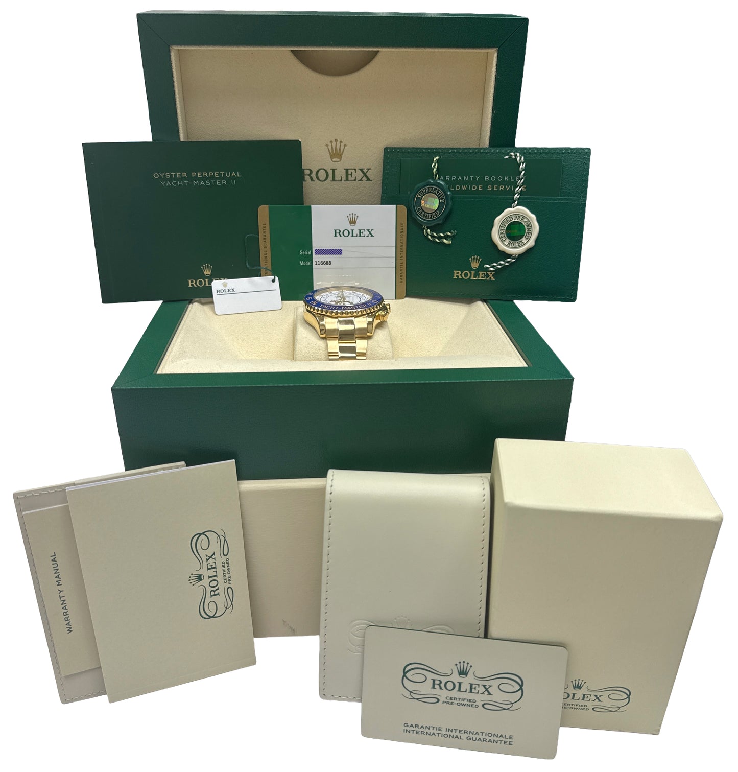 2025 CPO PAPERS Rolex Yacht-Master II WHITE 18K Yellow Gold Blue 44mm 116688 BOX