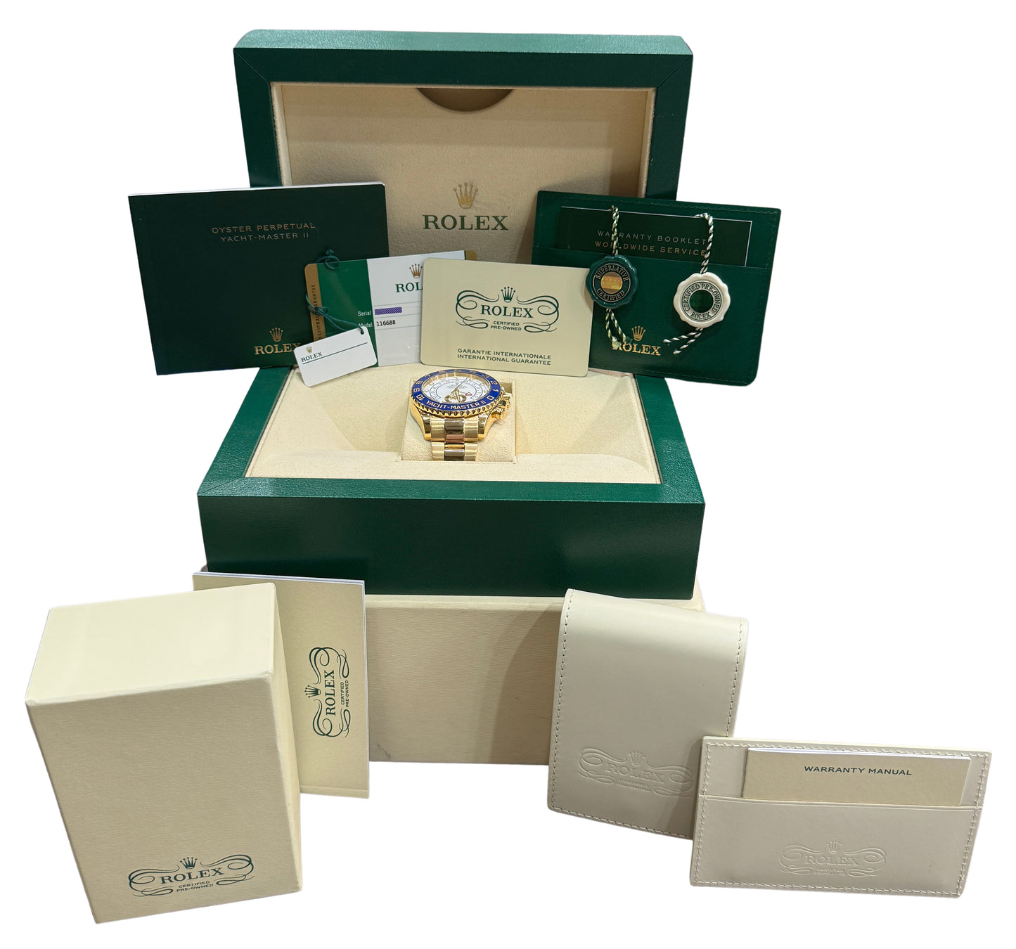 2025 CPO Rolex Yacht-Master II 116688 White Blue 18K Yellow Gold 44mm Box Papers