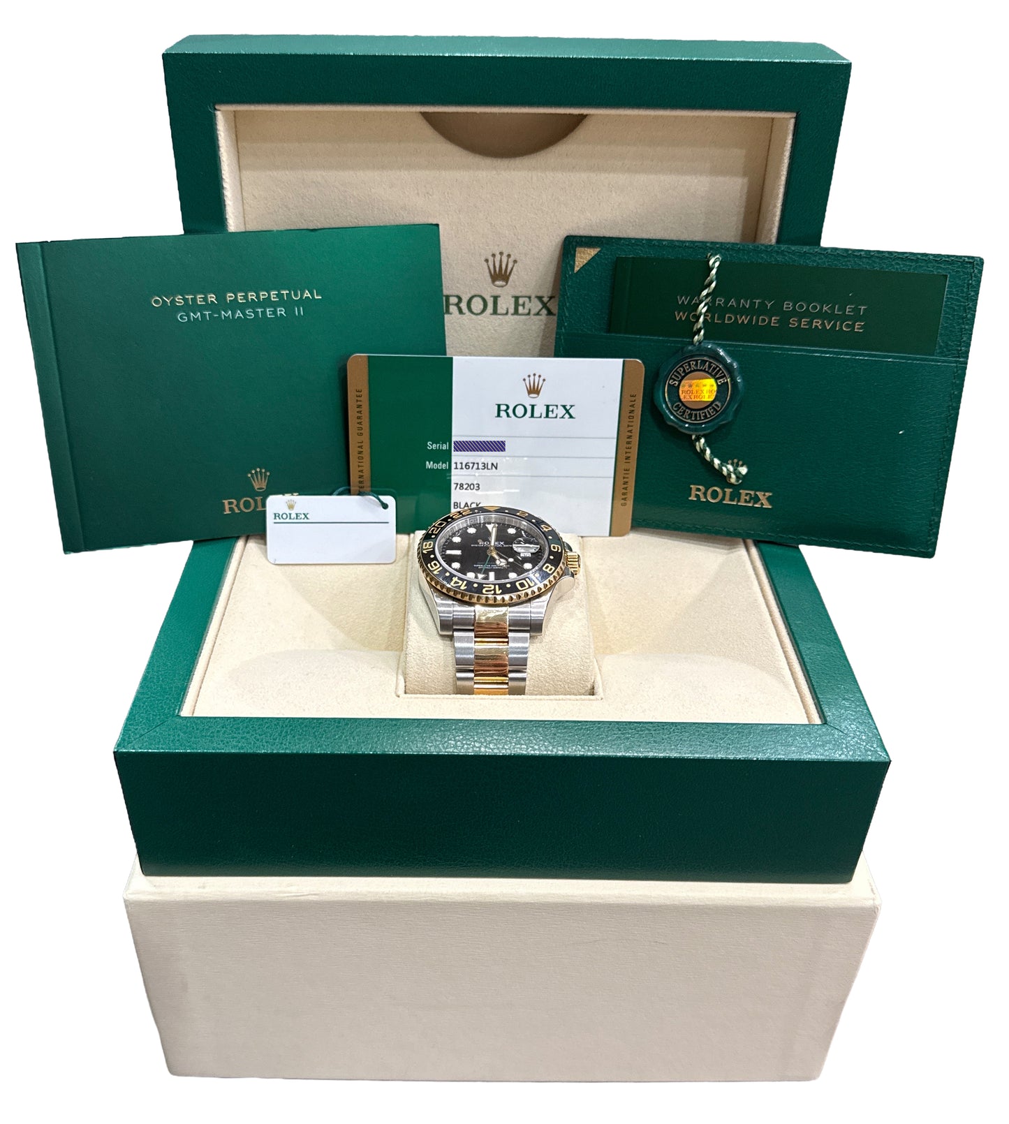 2018 PAPERS Rolex GMT-Master II BLACK Ceramic 18K Gold Steel 40mm 116713 LN BOX