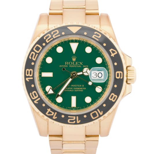 UNPOLISHED 2009 PAPERS Rolex GMT-Master II GREEN 18K Yellow Gold 40mm 116718 BOX