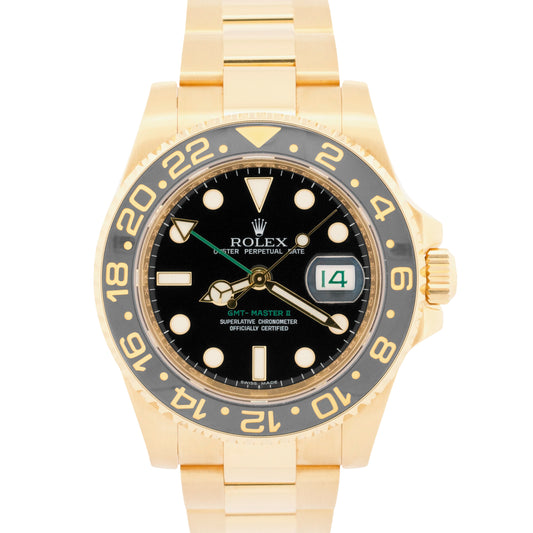 2011 PAPERS Rolex GMT-Master II BLACK Green 18K Yellow Gold 40mm 116718 BOX