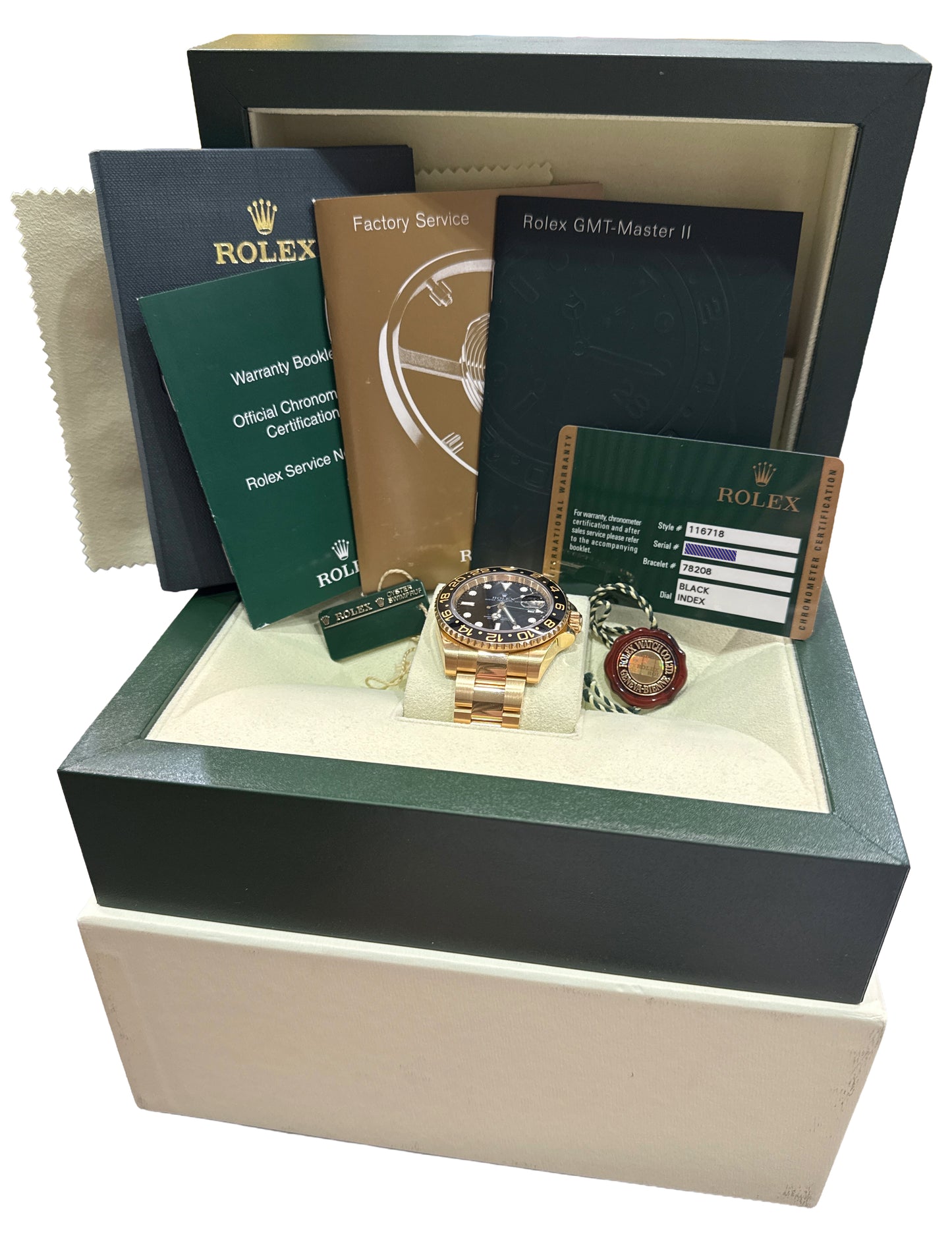2011 PAPERS Rolex GMT-Master II BLACK Green 18K Yellow Gold 40mm 116718 BOX